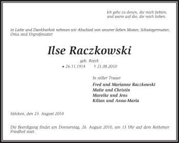 Traueranzeige von Ilse Raczkowski von KREISZEITUNG SYKE