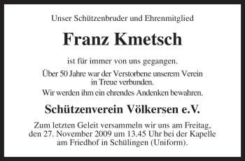 Traueranzeige von Franz Kmetsch von KREISZEITUNG SYKE