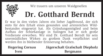 Traueranzeige von Gotthard Berndt von KREISZEITUNG SYKE