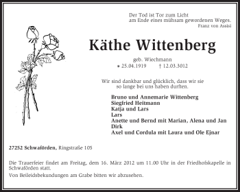 Traueranzeige von Käthe Wittenberg von KREISZEITUNG SYKE