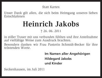 Traueranzeige von Heinrich Jakobs von KREISZEITUNG SYKE