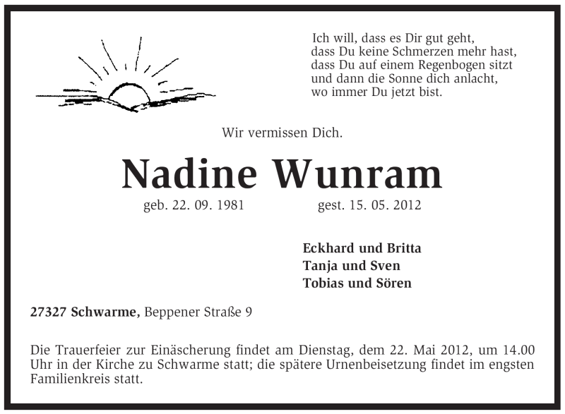  Traueranzeige für Nadine Wunram vom 18.05.2012 aus KREISZEITUNG SYKE