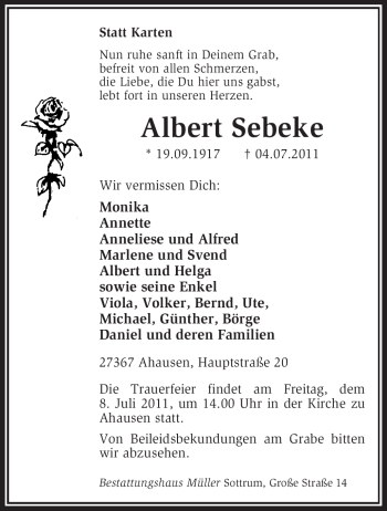 Traueranzeige von Albert Sebeke von KREISZEITUNG SYKE