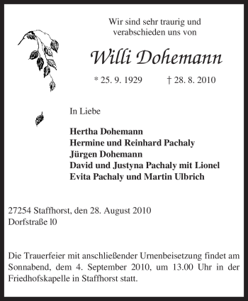 Traueranzeige von Willi Dohemann von KREISZEITUNG SYKE