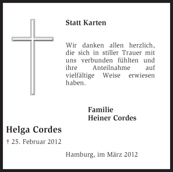 Traueranzeige von Helga Cordes von KREISZEITUNG SYKE