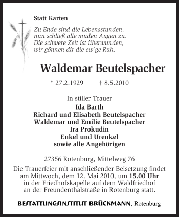 Traueranzeige von Waldemar Beutelspacher von KREISZEITUNG SYKE
