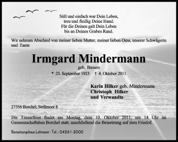 Traueranzeige von Irmgard Mindermann von KREISZEITUNG SYKE