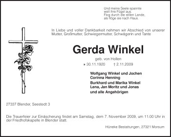 Traueranzeige von Gerda Winkel von KREISZEITUNG SYKE