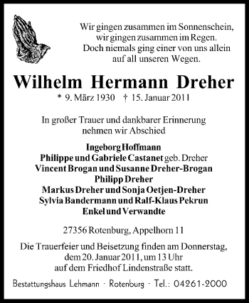 Traueranzeige von Wilhelm Hermann Dreher von KREISZEITUNG SYKE