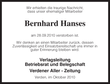 Traueranzeige von Bernhard Hanses von KREISZEITUNG SYKE