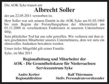 Traueranzeige von Albrecht Soller von KREISZEITUNG SYKE