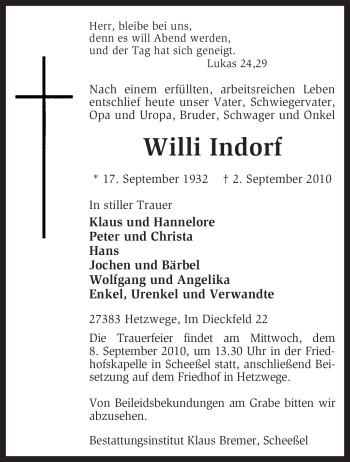 Traueranzeige von Willi Indorf von KREISZEITUNG SYKE