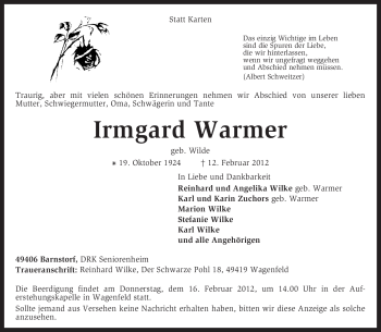 Traueranzeige von Irmgard Warmer von KREISZEITUNG SYKE