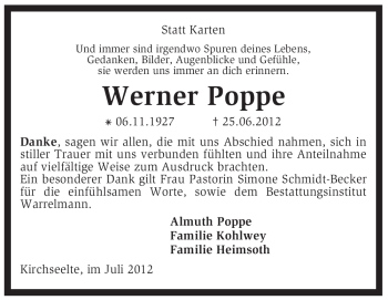 Traueranzeige von Werner Poppe von KREISZEITUNG SYKE