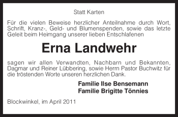 Traueranzeige von Erna Landwehr von KREISZEITUNG SYKE