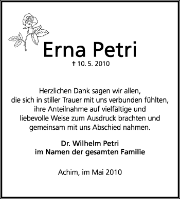 Traueranzeige von Erna Petri von KREISZEITUNG SYKE