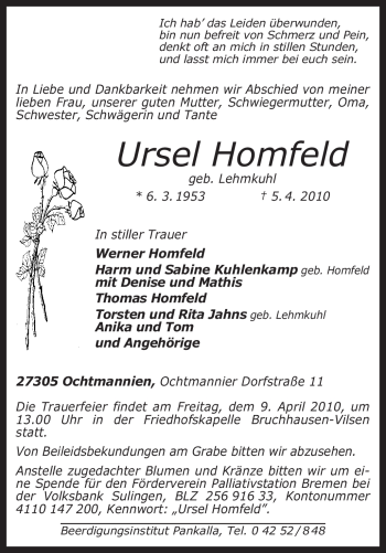 Traueranzeige von Ursel Homfeld von KREISZEITUNG SYKE