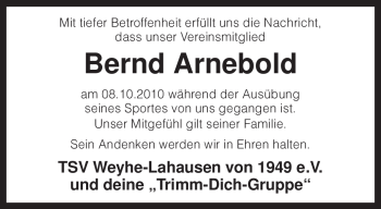 Traueranzeige von Bernd Arnebold von KREISZEITUNG SYKE