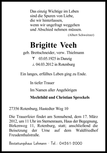 Traueranzeige von Brigitte Veeh von KREISZEITUNG SYKE