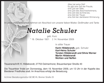 Traueranzeige von Natalie Schuler von KREISZEITUNG SYKE