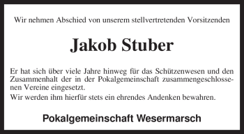 Traueranzeige von Jakob Stuber von KREISZEITUNG SYKE