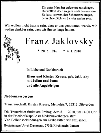 Traueranzeige von Franz Jaklovsky von KREISZEITUNG SYKE