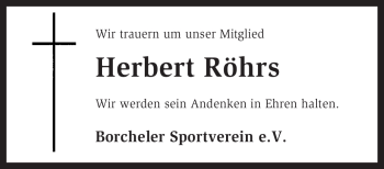 Traueranzeige von Herbert Röhrs von KREISZEITUNG SYKE