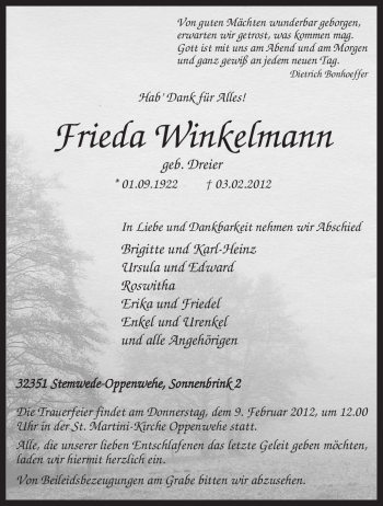 Traueranzeige von Frieda Winkelmann von KREISZEITUNG SYKE