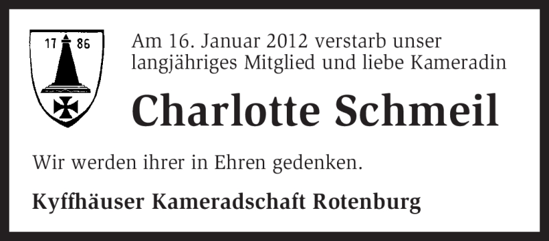  Traueranzeige für Charlotte Schmeil vom 20.01.2012 aus KREISZEITUNG SYKE