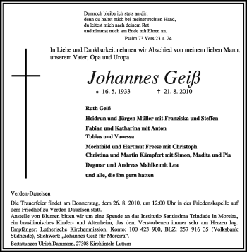 Traueranzeige von Johannes Geiß von KREISZEITUNG SYKE