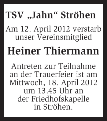 Traueranzeige von Heiner Thiermann von KREISZEITUNG SYKE