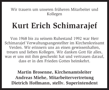 Traueranzeige von Kurt Erich Schimarajef von KREISZEITUNG SYKE