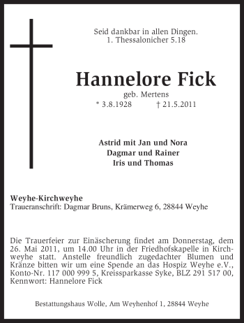 Traueranzeige von Hannelore Fick von KREISZEITUNG SYKE