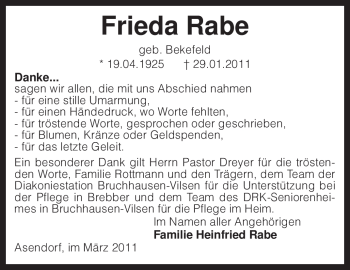 Traueranzeige von Frieda Rabe von KREISZEITUNG SYKE