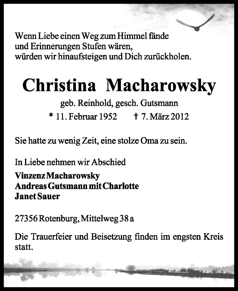  Traueranzeige für Christina Macharowsky vom 12.03.2012 aus KREISZEITUNG SYKE