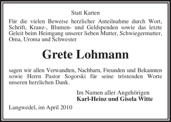 Traueranzeige von Grete Lohmann von KREISZEITUNG SYKE