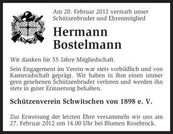 Traueranzeige von Hermann Bostelmann von KREISZEITUNG SYKE