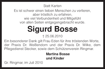 Traueranzeige von Sigurd Bosse von KREISZEITUNG SYKE