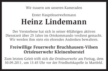 Traueranzeige von Heinz Lindemann von KREISZEITUNG SYKE