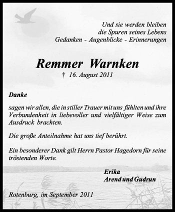 Traueranzeige von Remmer Warnken von KREISZEITUNG SYKE