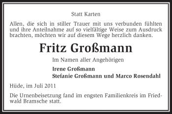 Traueranzeige von Fritz Großmann von KREISZEITUNG SYKE