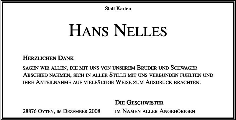  Traueranzeige für Hans Nelles vom 06.12.2008 aus KREISZEITUNG SYKE