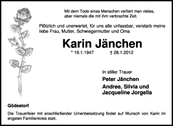 Traueranzeige von Karin Jänchen von KREISZEITUNG SYKE