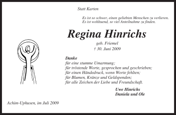 Traueranzeige von Regina Hinrichs von KREISZEITUNG SYKE