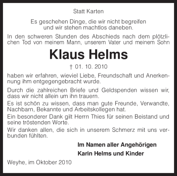 Traueranzeige von Klaus Helms von KREISZEITUNG SYKE