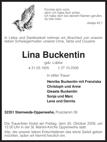 Traueranzeige von Lina Buckentin von KREISZEITUNG SYKE