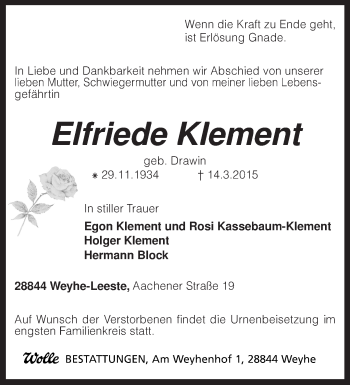 Traueranzeige von Elfriede Klement von KRZ