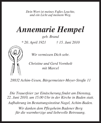 Traueranzeige von Annemarie Hempel von KREISZEITUNG SYKE