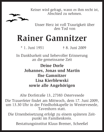 Traueranzeige von Rainer Gamnitzer von KREISZEITUNG SYKE