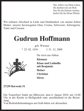 Traueranzeige von Gudrun Hoffmann von KREISZEITUNG SYKE